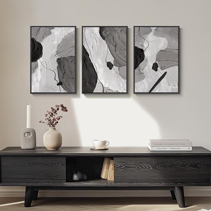 Framed Black and White Modern Abstract Wall Art, 3 Piece Canvas Prints - Image 4