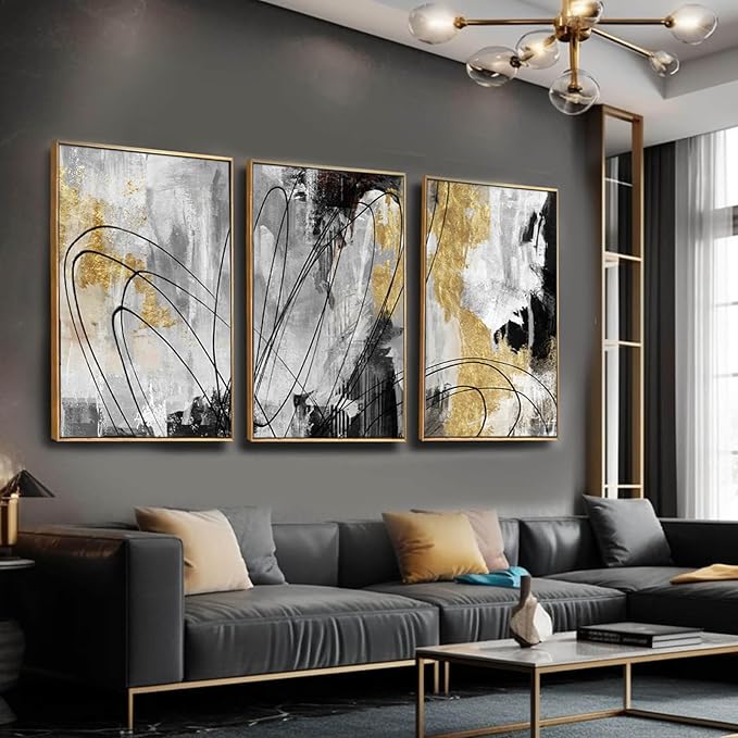 YJYart Gold Wall Art Abstract Wall Art Living Room Decor Black and White Canvas - Image 2