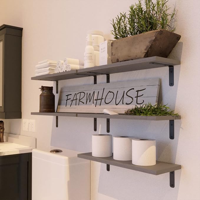 RICHER HOUSE Rustic Wood Bathroom Shelves Set of 5, Farmhouse Style Floating - Image 2