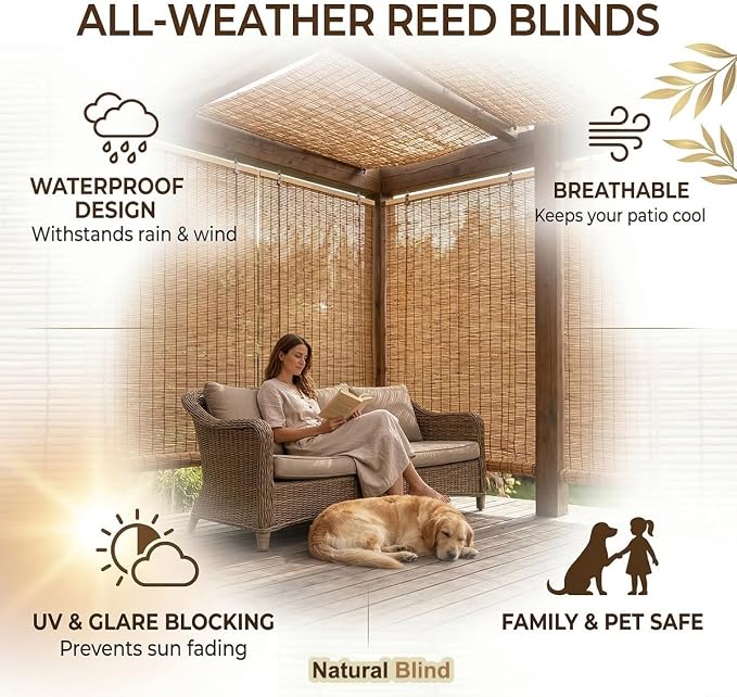 Bamboo Roller Shades for Outdoor Patio, Bamboo Blinds, UV Protection, Light - Image 2