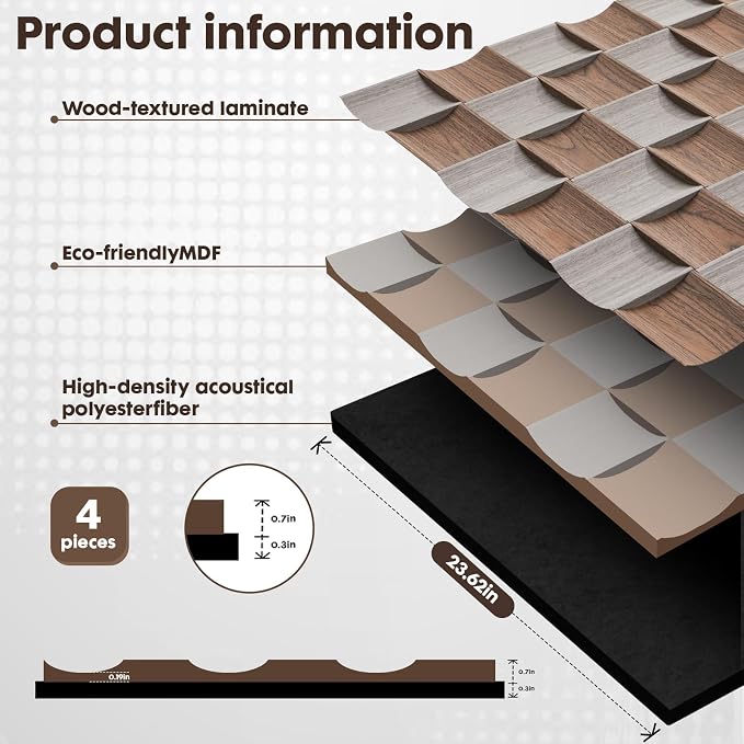 4 Pcs Acoustic Wood Slat Panels, Fluted Wood Panel Sound Absorbing Panel - Image 3