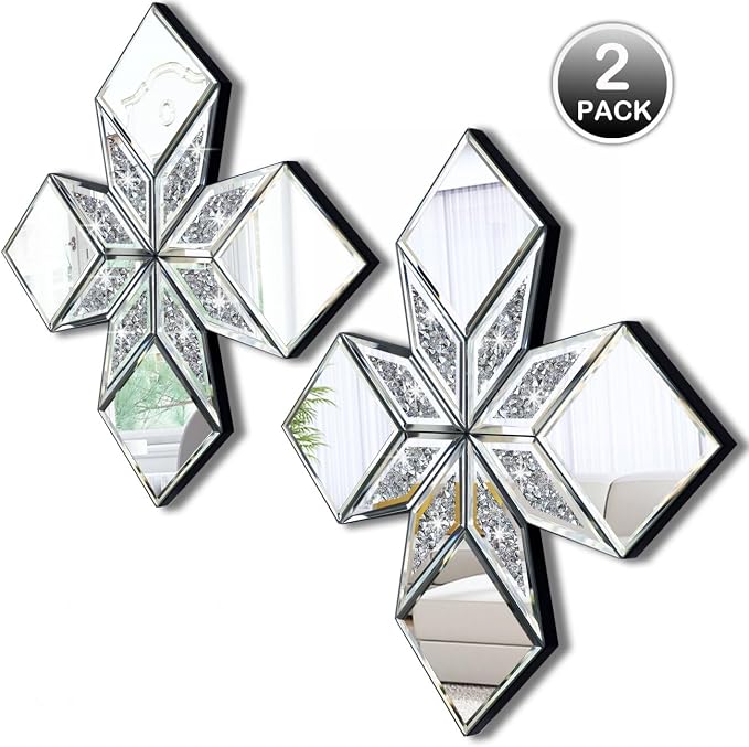 Crushed Diamond Decorative Mirror 2 Pack 16.75x16.75” Diamond Shape Glass Decor - Image 3