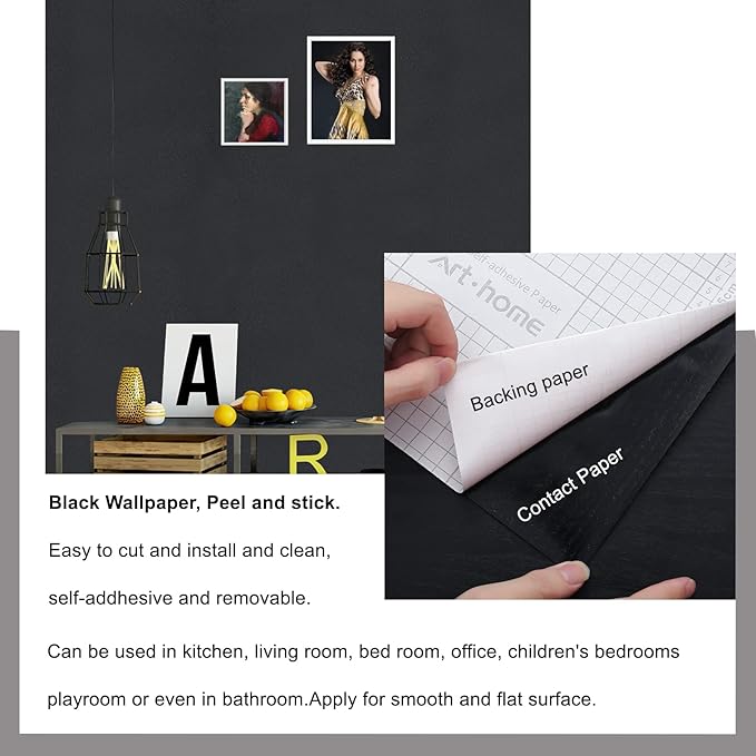 Arthome 11.8''x100'' Black Contact Paper, Self Adhesive Wallpaper Waterproof - Image 3