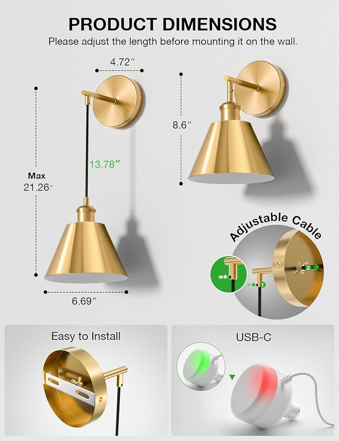 NIORSUN Brushed Gold Battery Operated Wall Sconce Set of 2, 5200mAh Dimmable - Image 8
