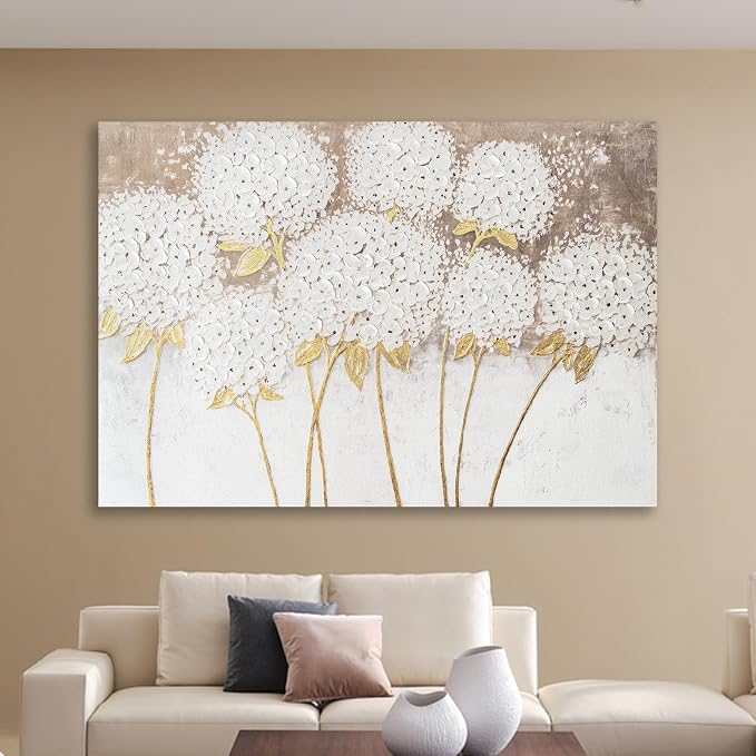 JolyWell Large hand painted wall art White Hydrangea Canvas Wall decor - Image 8