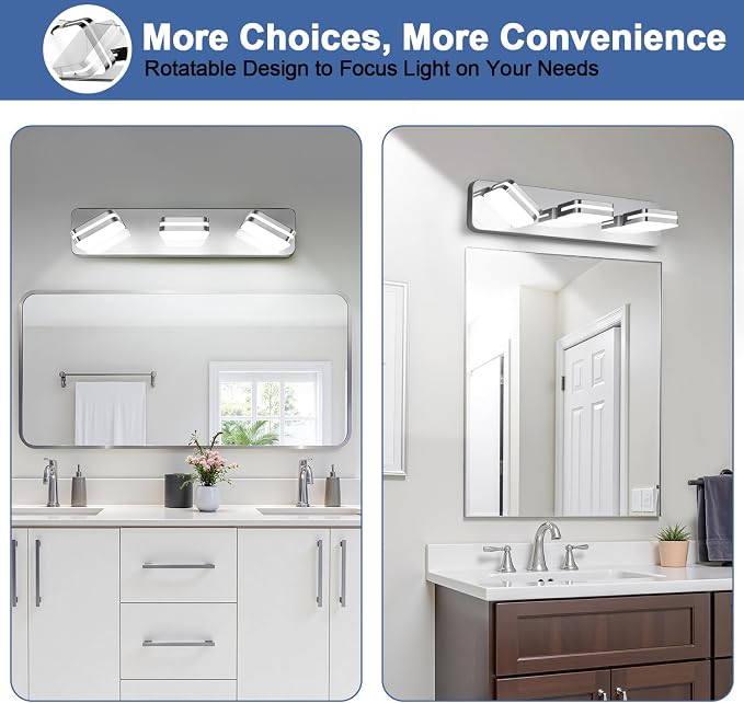 360° Rotate 3-Light LED Bathroom Vanity Light Fixtures, 1300LM Acrylic Chrome - Image 8
