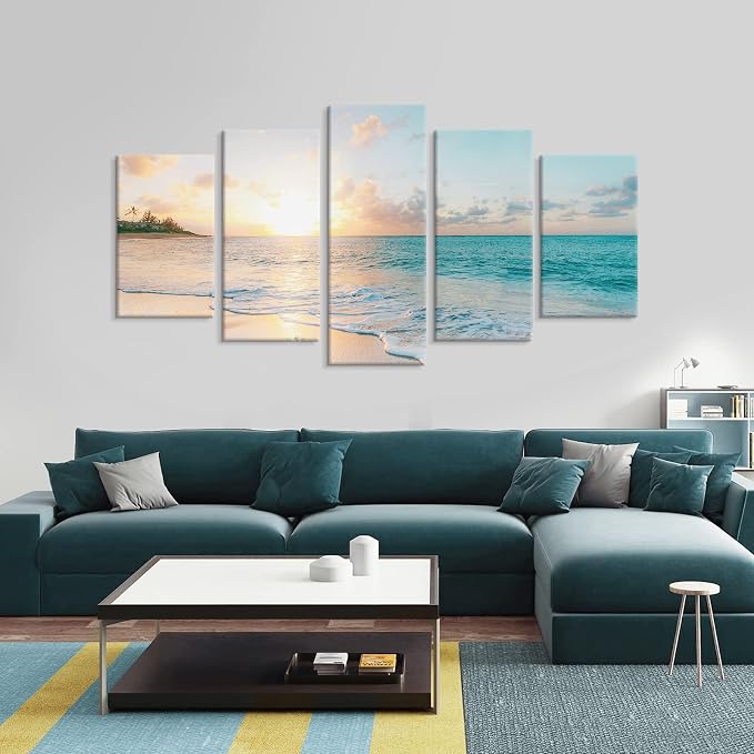 Goldfoilart 5 Pieces Beach Sunset Canvas Wall Art Blue Sea Prints Romantic - Image 3