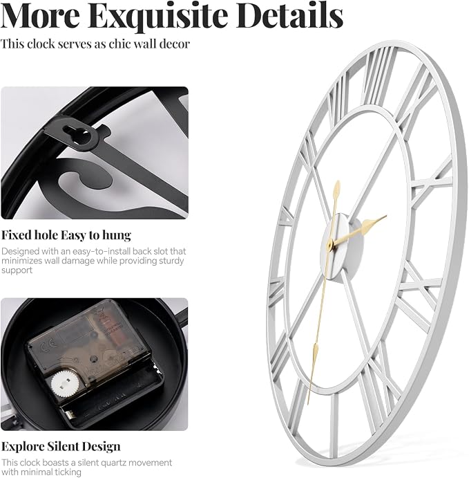 Cuspin 30 Inch Large Wall Clock, Modern Silver Metal Big Decorative Wall Clock - Image 6