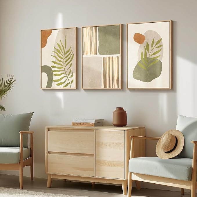 Framed Mid Century Modern Boho Wall Art Bedroom, 3 Piece Tropical Sage Green - Image 2