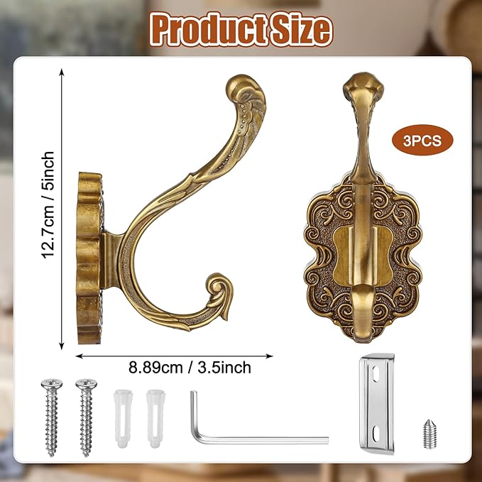 Draupnir 3PCS Coat Hooks Wall Mount, Vintage Decorative Wall Hooks Antique Brass - Image 2