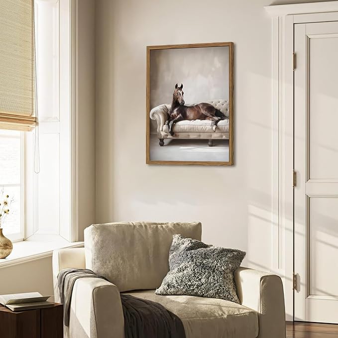 Framed Funny Horse Canvas Wall Art, Vintage Western Brown Horse On Sofa - Image 8