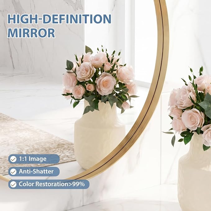 DUMOS 24-Inch Round Wall Mirror, Bathroom Wall Circle Mirror - Image 3