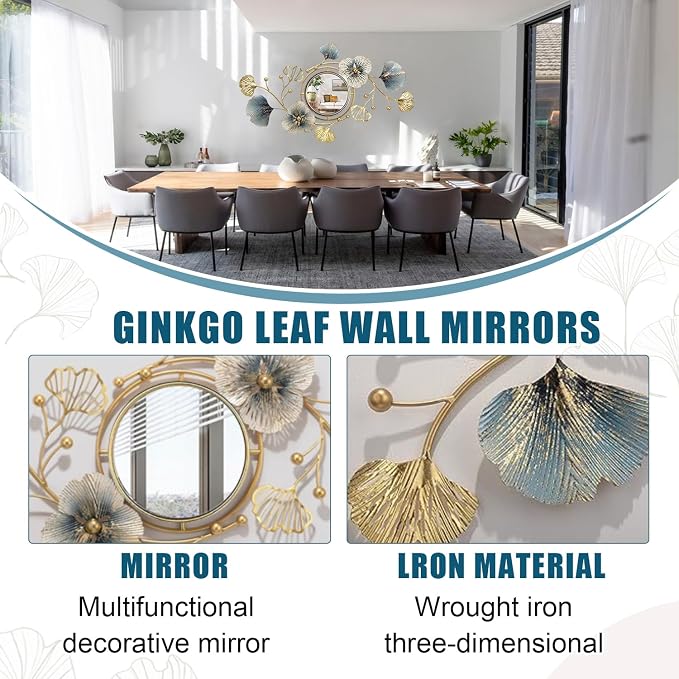 Metal Wall Mirrors Decor, Large Ginkgo Leaf Wall-Mounted Mirrors, Big Wall - Image 4