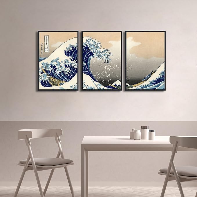 Wieco Art Black Framed Great Wave of Kanagawa Katsushika Hokusai 3 Piece Modern - Image 2