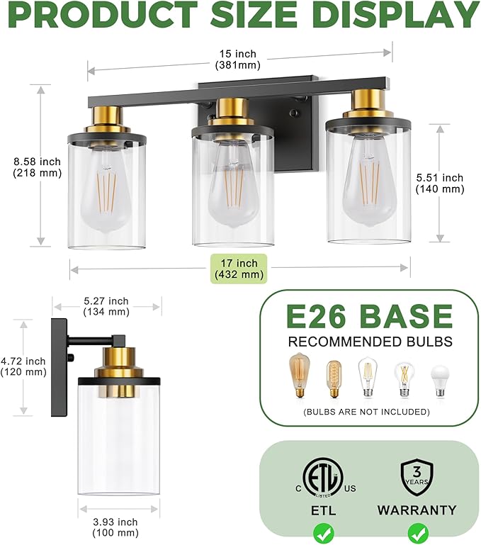 DORESshop Bathroom Light Fixtures, 3-Light Black and Gold Bathroom Lights Over - Image 6