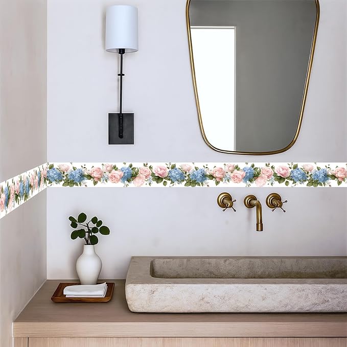 Floral Rose Wallpaper Border 196x4 Inch Peel and Stick Wall Border Pink Blue - Image 3