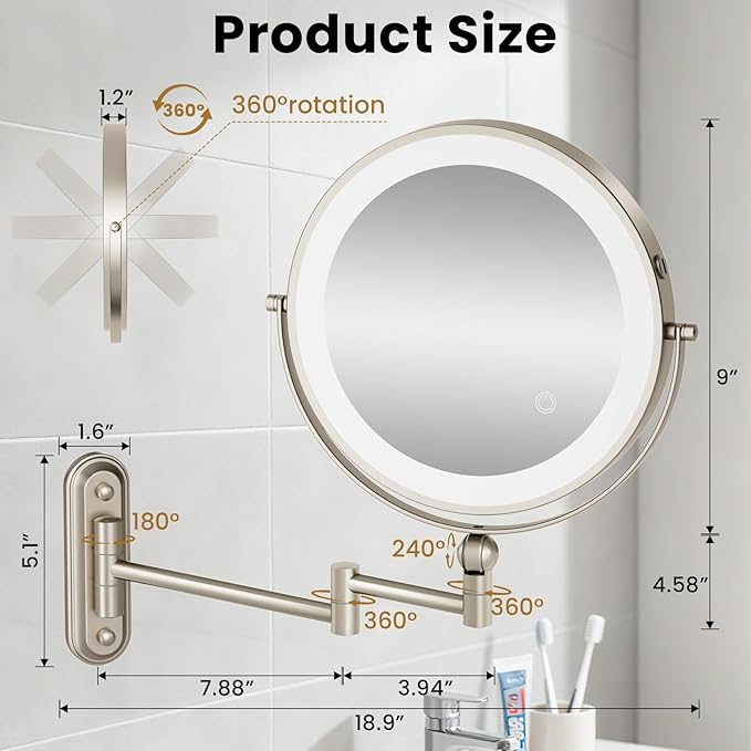 9" Wall Mounted LED Lighted Makeup Vanity Mirror - 4000mAh Rechargeable Double - Image 2