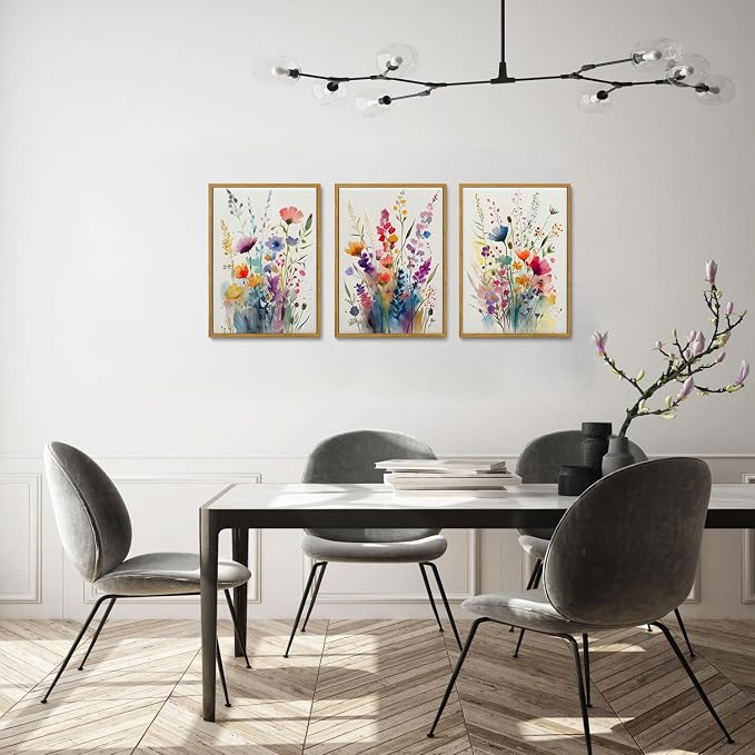 KISSFOX 3 Piece Colorful Wildflower Botanical Framed Wall Art Watercolor Floral - Image 5