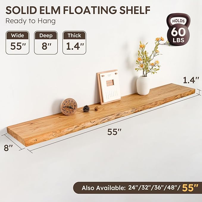 Live Edge Floating Shelf 55 Inch Extra Long | Solid Rustic Elm Wood - Image 3