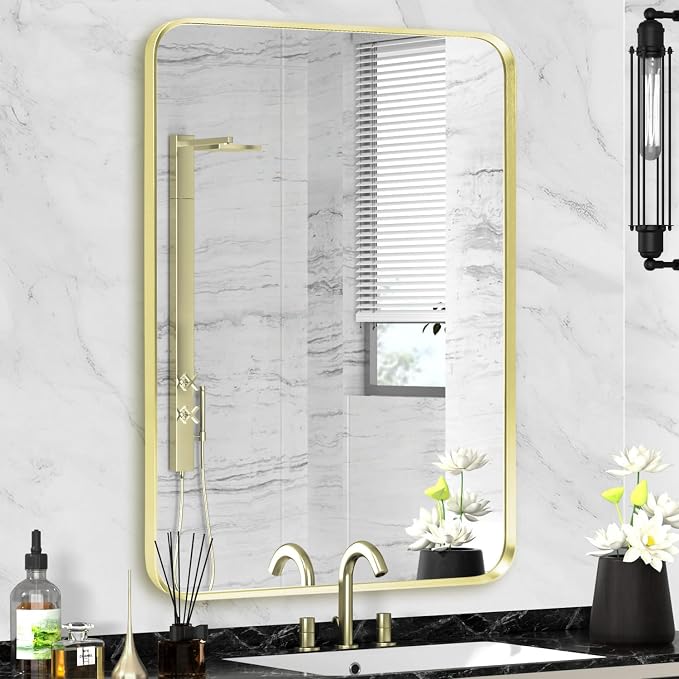 Gold Framed Bathroom Mirror, Brushed Gold Bathroom Vanity Wall Mirror, Rounded by Minuover