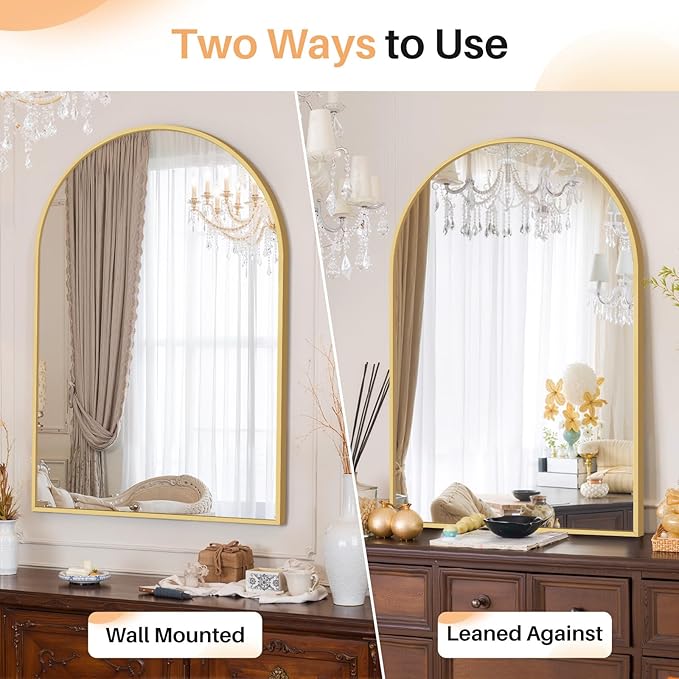 Bathroom Mirror for Wall, 38x26 Inch Arched Mirror, Matte Gold Metal Framed - Image 3