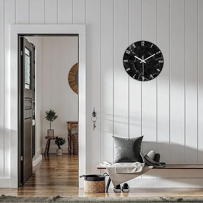 Black Minimalist Wall Clocks for Living Room Glass Marble Pattern Wall Clocks - Image 2
