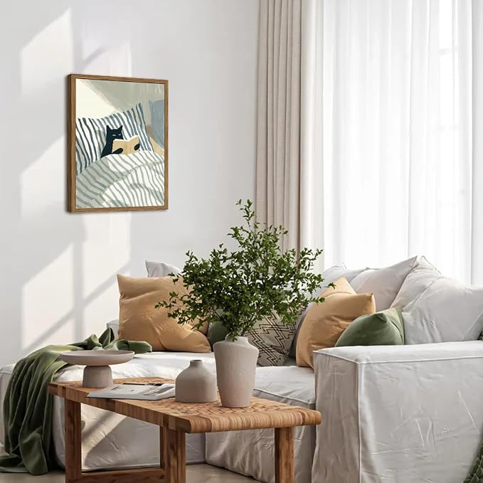 Funny Black Cat Wall Art Painting, Whimsical Cat in Stripe Bed Reading Wall - Image 8