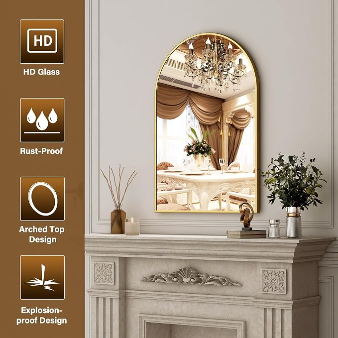 XRAMFY 20"x30" Gold Arched Bathroom Mirror - Image 5