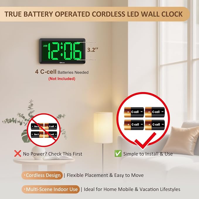 Soobest 9.5 Inch Large Digital Wall Clock Battery Operated, Auto & Manual - Image 2