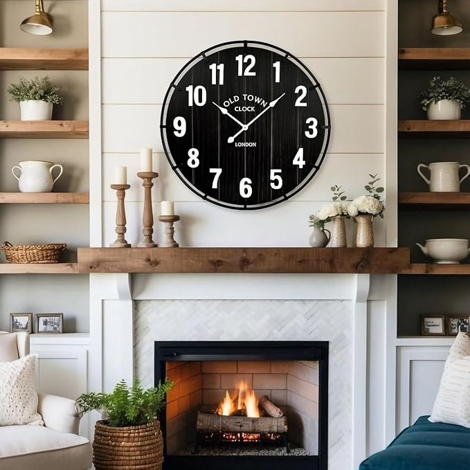 EMAX HOME Large Old Town Farmhouse Black Wall Clock 30 Inch Rustic Antique Wood - Image 4