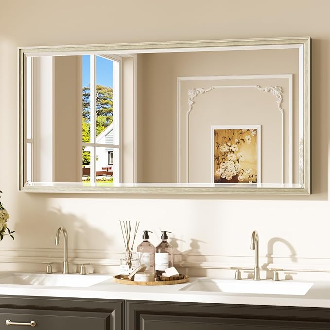 Keonjinn 48" x 24" Brushed Nickel Bathroom Mirror, Rectangle Silver Framed by Keonjinn