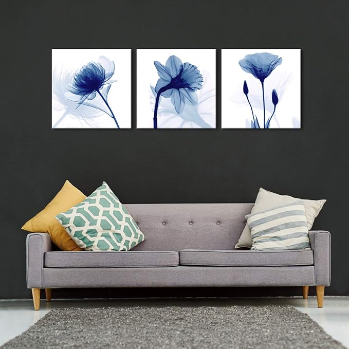Wieco Art Blue Abstract Flowers 3 Panels Canvas Prints Wall Art Modern Pictures - Image 2