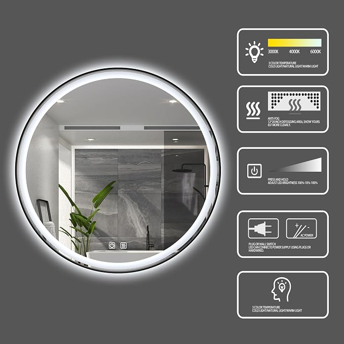 Itrue 36 Inch LED Bathroom Round Mirror, Adjustable Color Temp & Brightness - Image 2