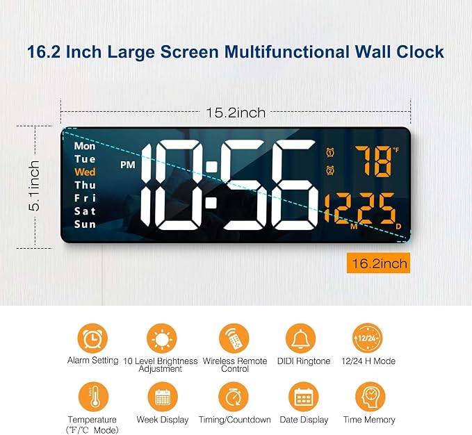 Digital Wall Clock Large Display, 16.2 Inch, LED Digital Clock - Image 3