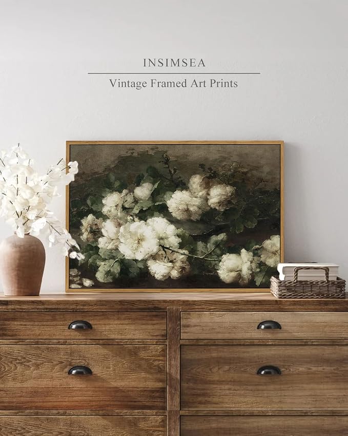 InSimSea Framed Canvas Wall Art Vintage Decor, Room Decor White Roses Still - Image 2