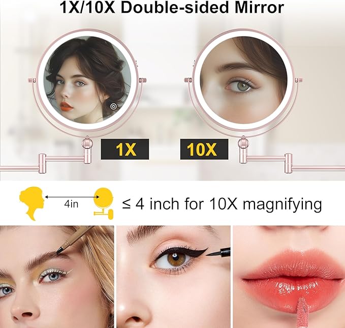 9" Wall Mounted Lighted Makeup Mirror, 4000mAh Rechargeable Double Sided 1X/10X - Image 3