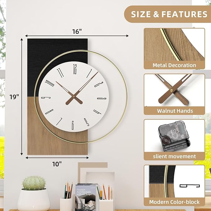19x16 Inch Modern Silent Wall Clock Battery Operated, Wooden Farmhouse - Image 2
