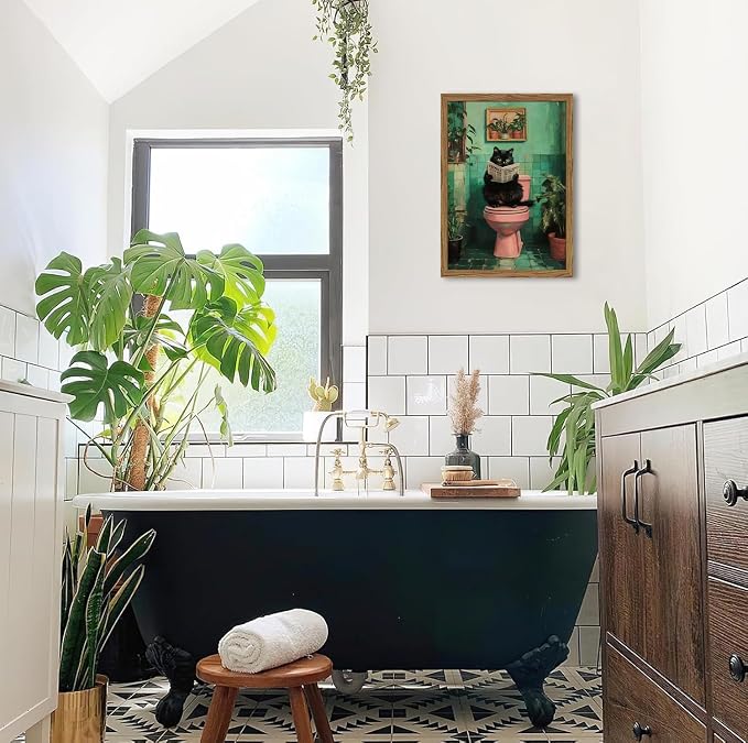 Funny Bathroom Cat Wall Art, Humorous Black Cat Restroom Wall Decor Paintings - Image 6
