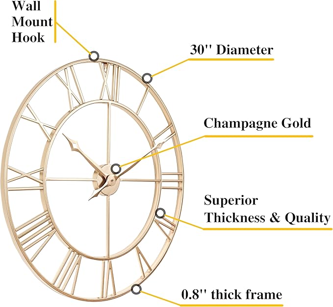 CLXEAST Champagne Gold 30 Inch Wall Clock, Large Modern Metal Roman Numeral - Image 2
