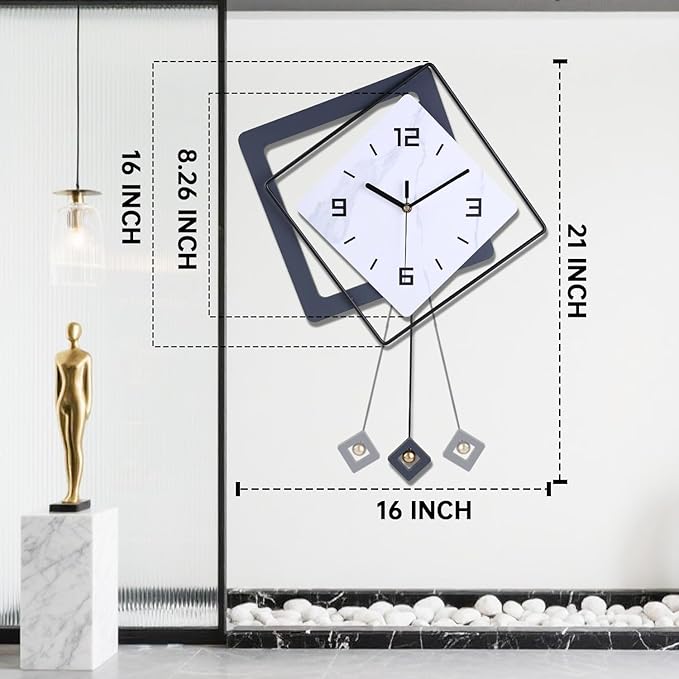 Wall Clock with Pendulum, Silent Quality Quartz Battery Operated, Metal Modern - Image 3