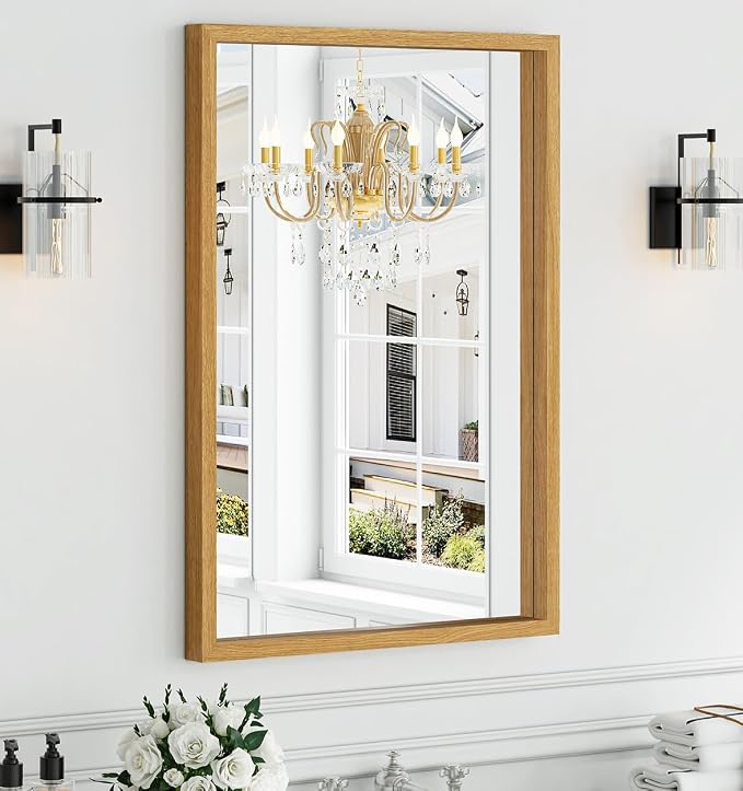 Syndra Natural Wood Frame Bathroom Mirror, 24x36'' Modern Vanity Mirror by Syndra