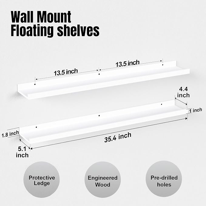 Boswillon 36 Inches Long Floating Shelves Wall Mounted, 2 Set Modern White Shelf - Image 3