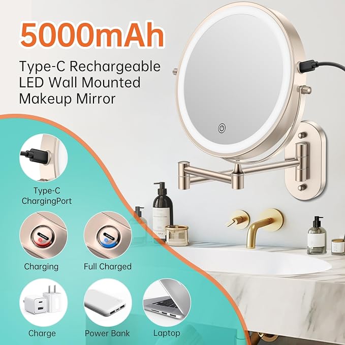 5000mAh Rechargeable Wall Mounted Lighted Makeup Vanity Mirror, Double Sided 1X - Image 2