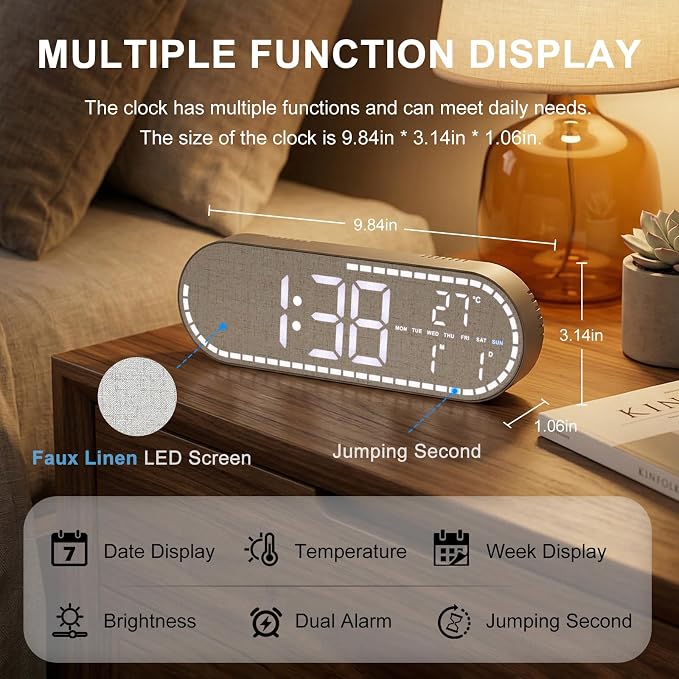 Faux Linen LED Digital Wall Clock Large Display, Plug-in Digital Clock - Image 2
