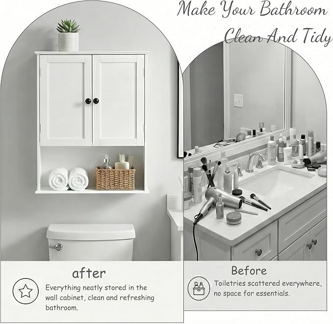 Bathroom Wall Cabinet, Over Toilet Storage Hanging Cabinet Adjustable Shelves - Image 4