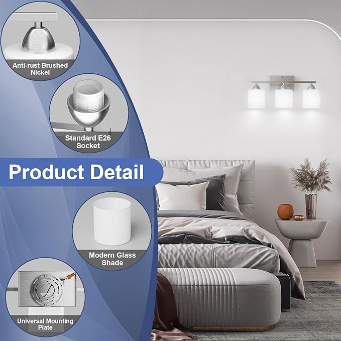 Bathroom Lighting Fixtures Over Mirror Brushed Nickel, Anti-Rust 3-Light - Image 4