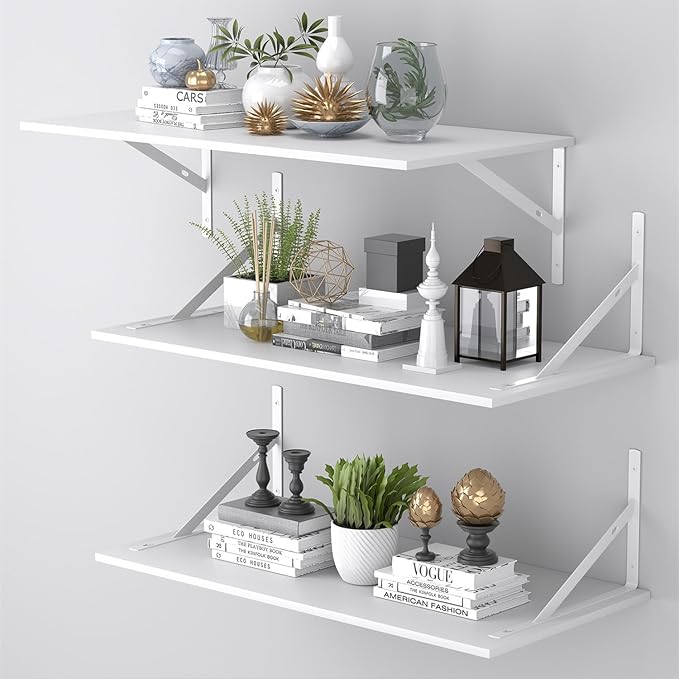 Deep Floating Shelves for Wall Set of 3, 24W x 12 Inch Deep White Floating by Unknown