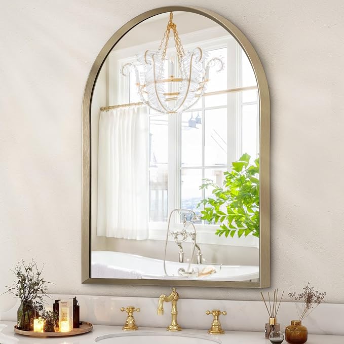 Bathroom Arched Wall Mirror Brushed Metal Vanity Wall Mounted Mirror by HLFMVWE