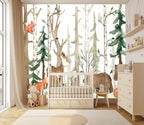 XMPMBM-Cartoon Hand-Painted Animals Woodland Nursery Room Fabric Wallpaper - Image 2