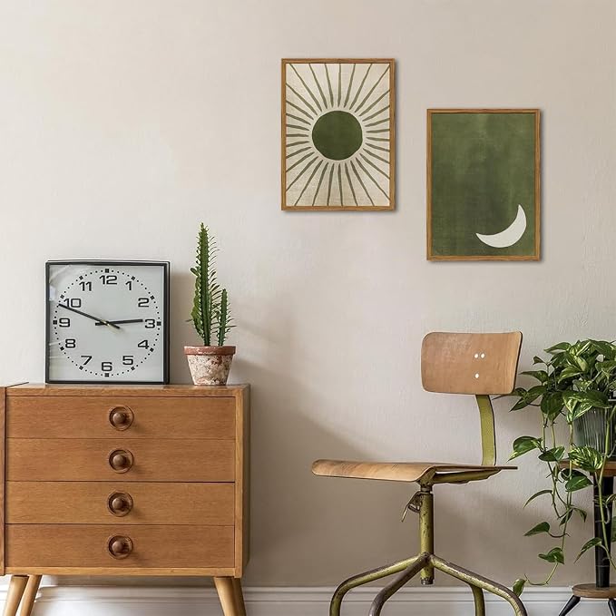 Framed Boho Sun and Moon Canvas Wall Art Set of 2, Vintage Sage Green Bohemian - Image 8